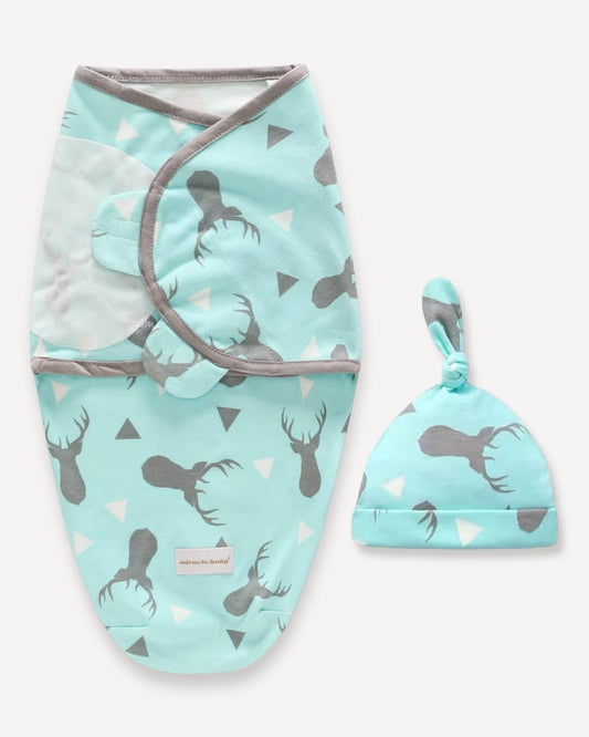 Swaddle To Sleep With Hat- Blue (0-3M)